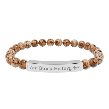 Natural Stone Stretch Bracelet — Engraved "I Am Black History" Bar