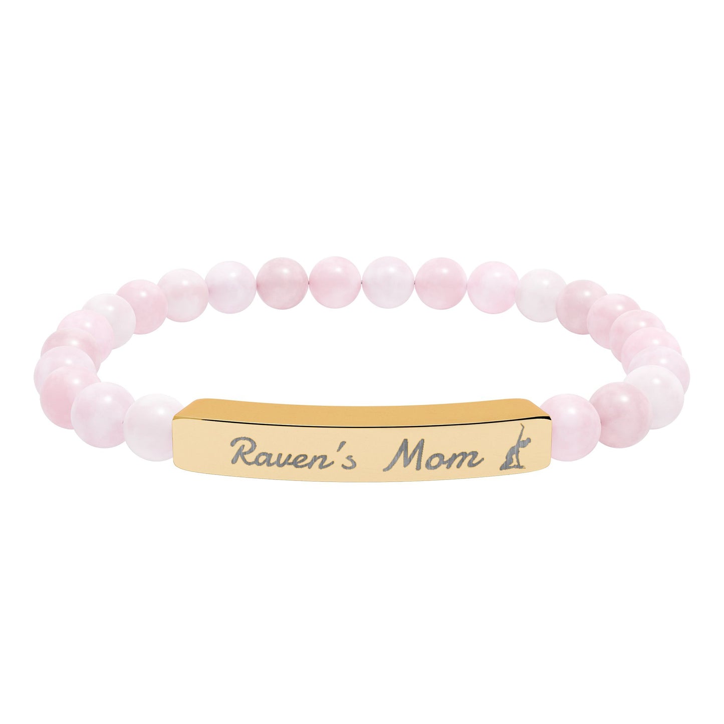 Personalized Gymnast Mom Engraved Natural Stone Stretch Bar Bracelet — Name Plate Beaded Bracelet