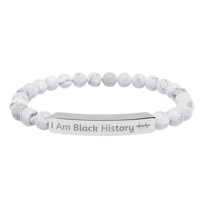 Natural Stone Stretch Bracelet — Engraved "I Am Black History" Bar