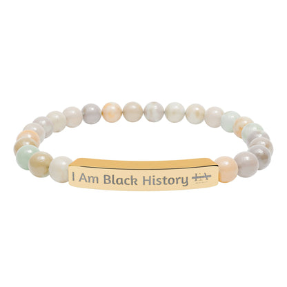 Natural Stone Stretch Bracelet — Engraved "I Am Black History" Bar