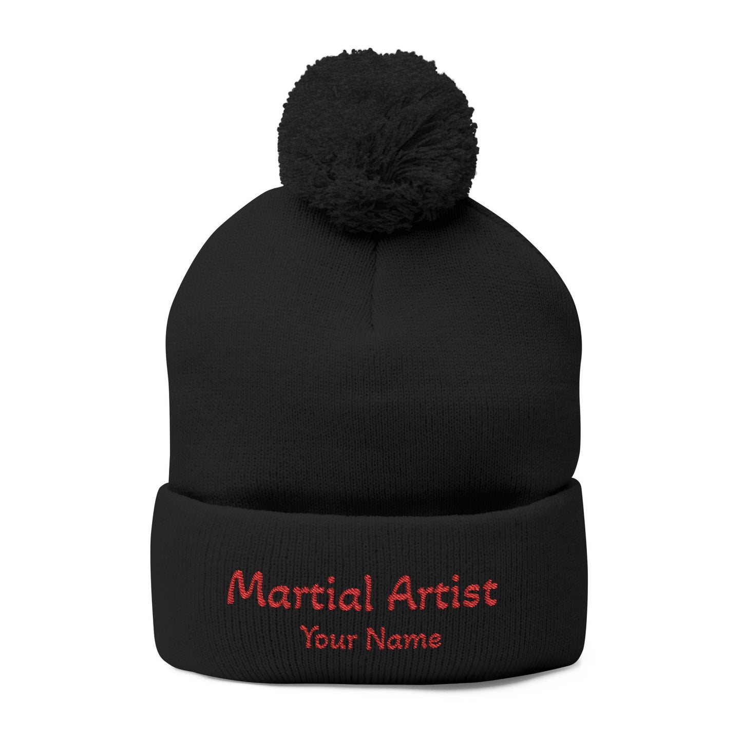 Embroidered 'Martial Artist' Pom-Pom Knit Cap — Custom Name Beanie