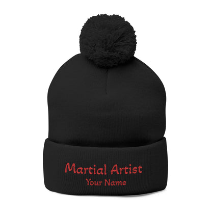 Embroidered 'Martial Artist' Pom-Pom Knit Cap — Custom Name Beanie