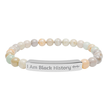 Natural Stone Stretch Bracelet — Engraved "I Am Black History" Bar