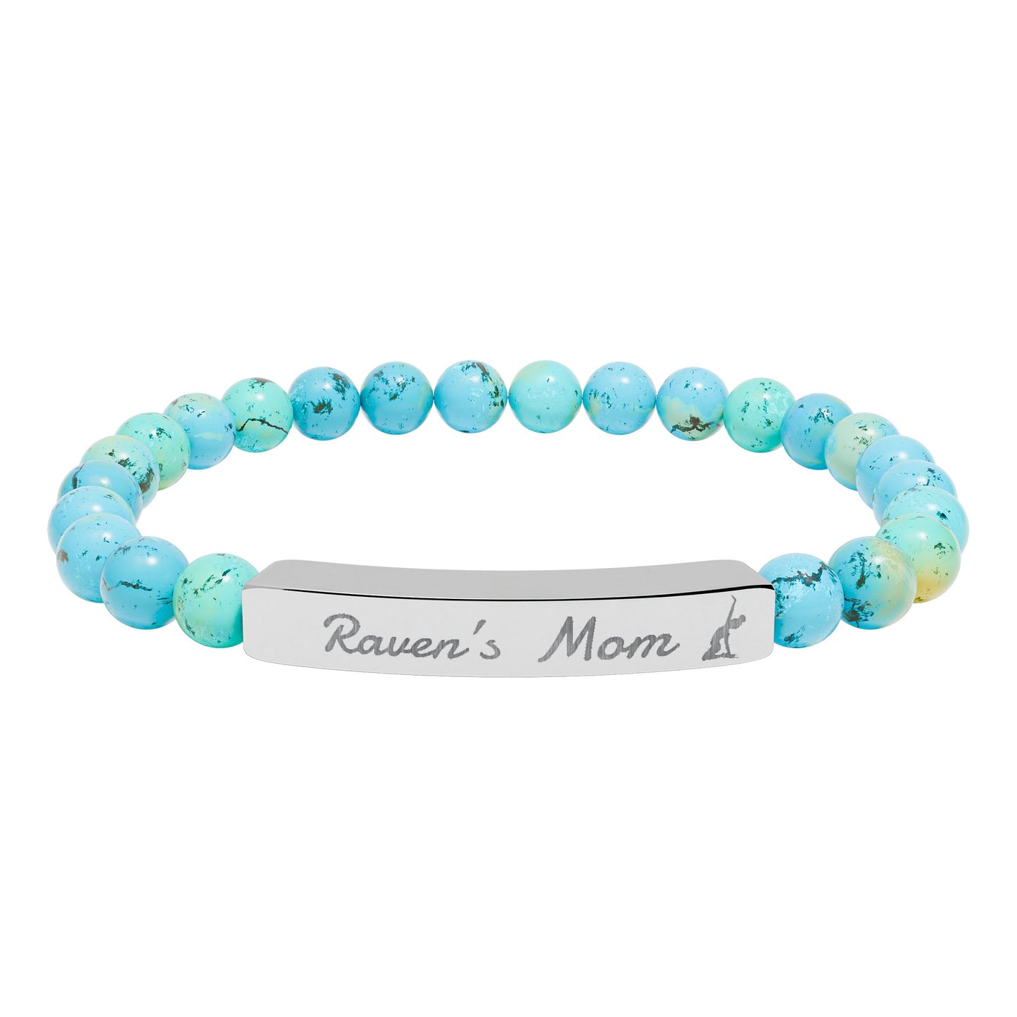 Personalized Gymnast Mom Engraved Natural Stone Stretch Bar Bracelet — Name Plate Beaded Bracelet