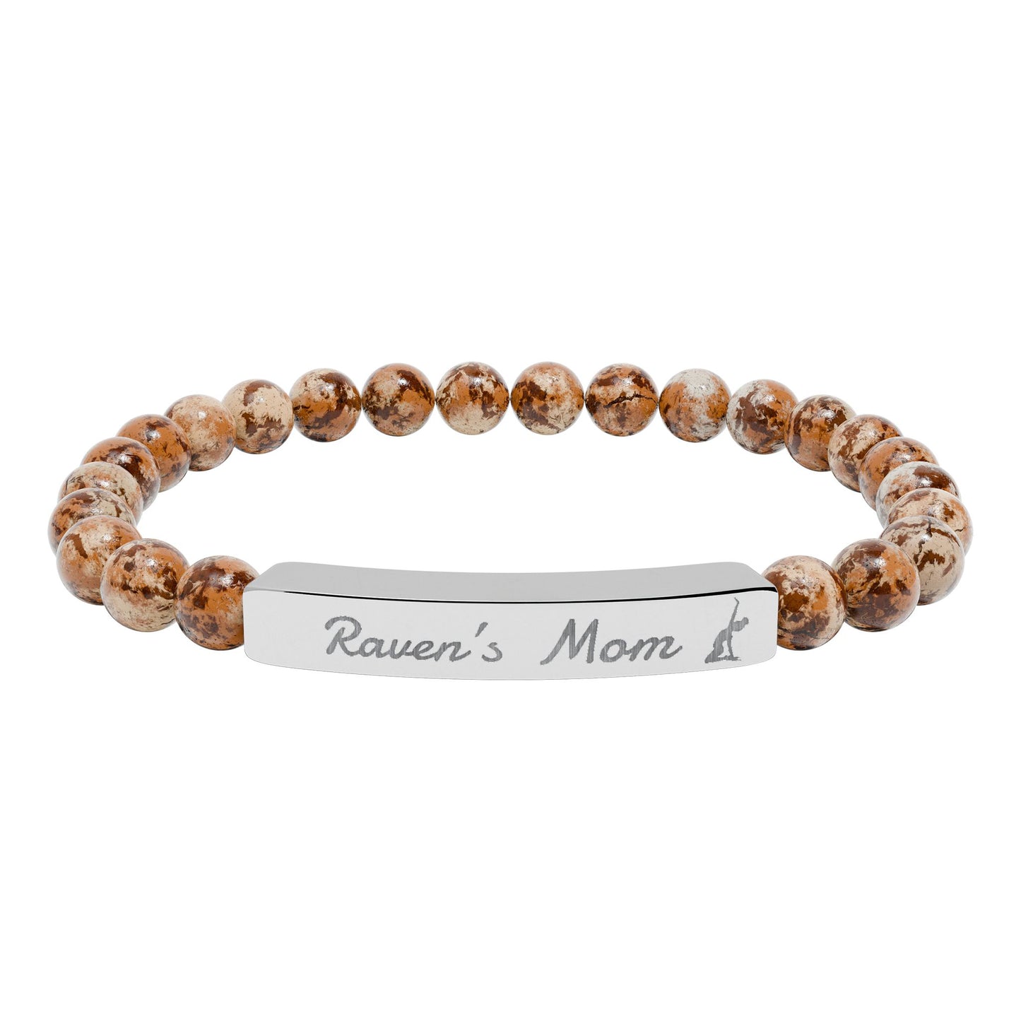 Personalized Gymnast Mom Engraved Natural Stone Stretch Bar Bracelet — Name Plate Beaded Bracelet
