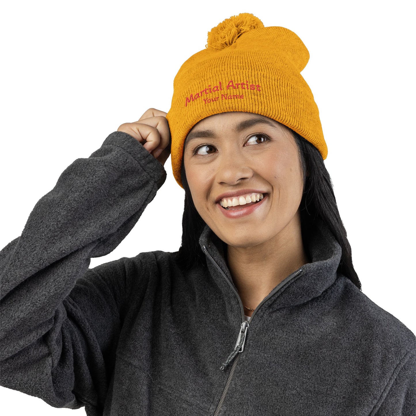 Embroidered 'Martial Artist' Pom-Pom Knit Cap — Custom Name Beanie