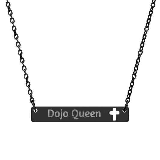 Dojo Queen Engraved Cutout Cross Bar Necklace — 'Karate Girl' Personalized Pendant