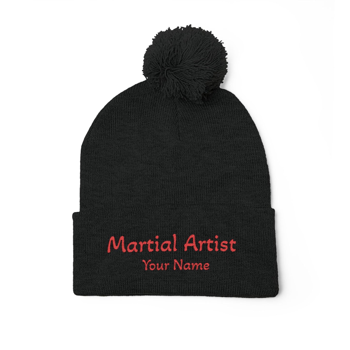 Embroidered 'Martial Artist' Pom-Pom Knit Cap — Custom Name Beanie