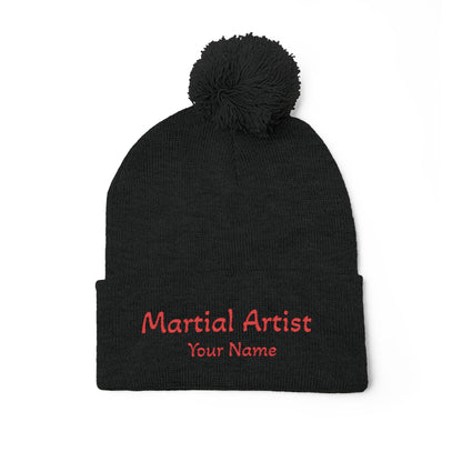 Embroidered 'Martial Artist' Pom-Pom Knit Cap — Custom Name Beanie
