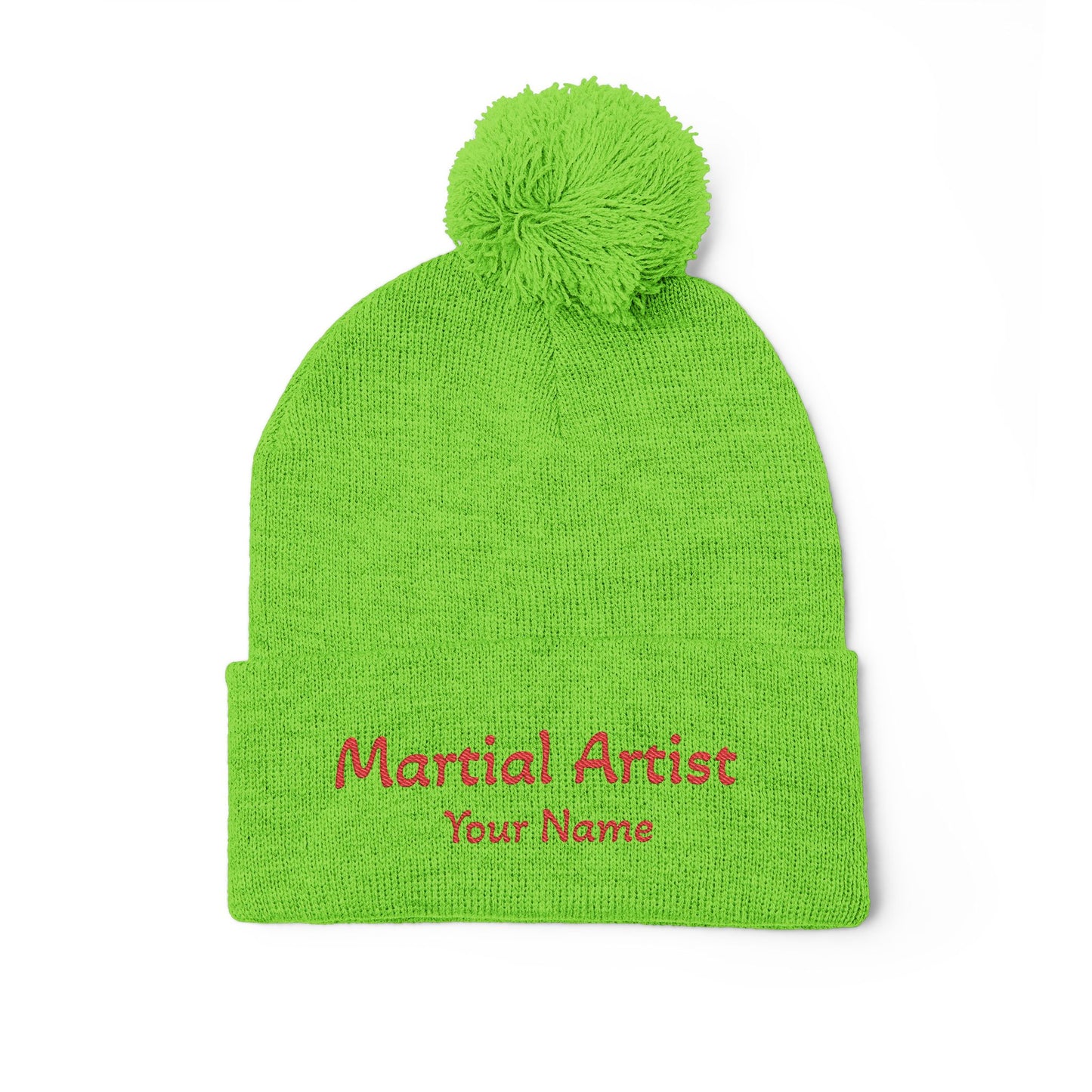 Embroidered 'Martial Artist' Pom-Pom Knit Cap — Custom Name Beanie
