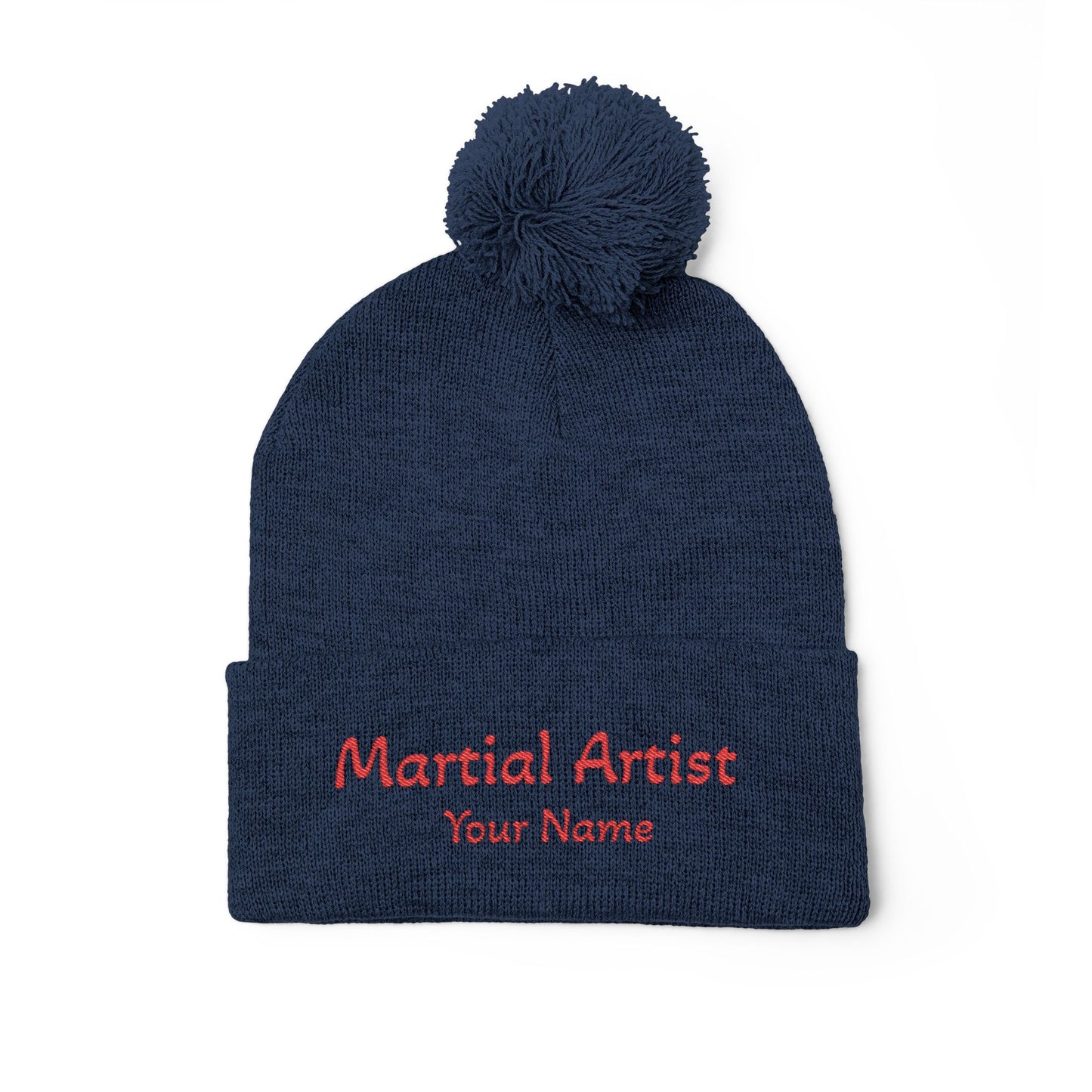 Embroidered 'Martial Artist' Pom-Pom Knit Cap — Custom Name Beanie