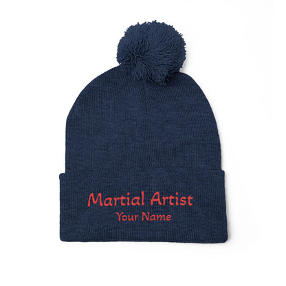 Embroidered 'Martial Artist' Pom-Pom Knit Cap — Custom Name Beanie