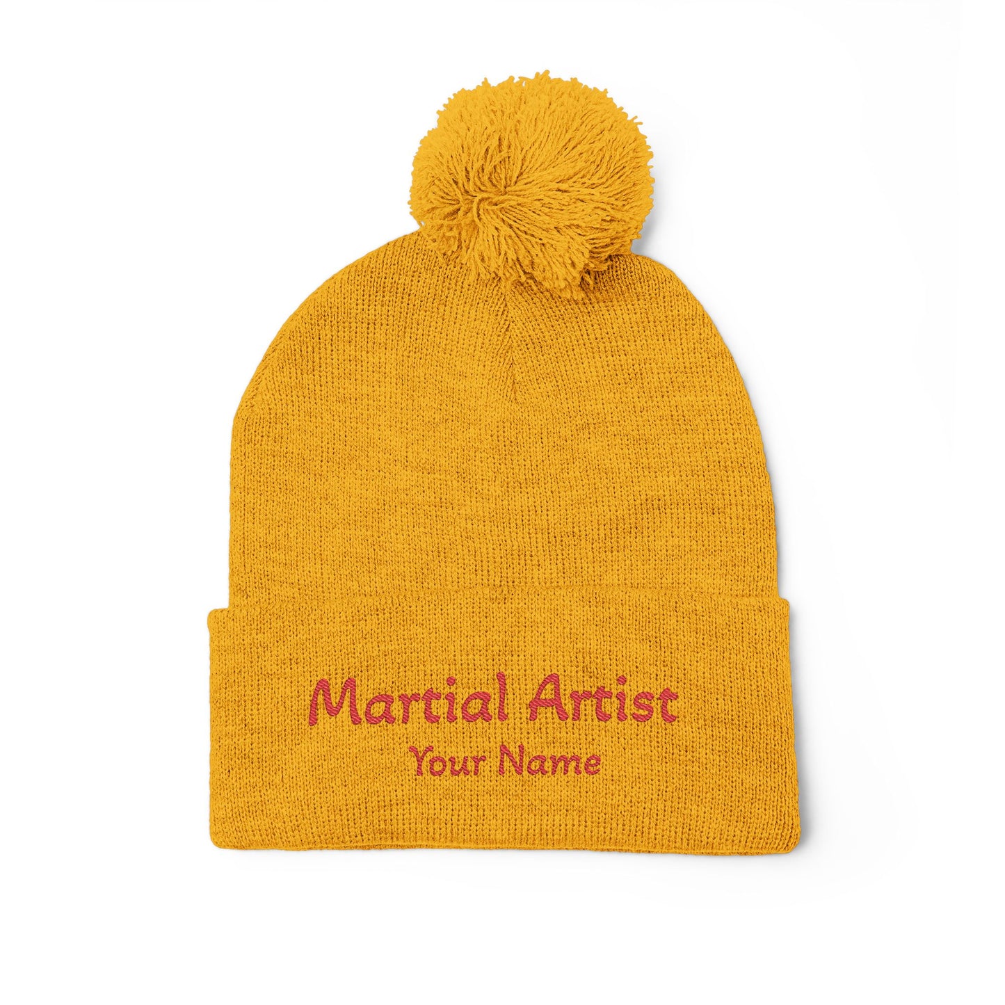 Embroidered 'Martial Artist' Pom-Pom Knit Cap — Custom Name Beanie