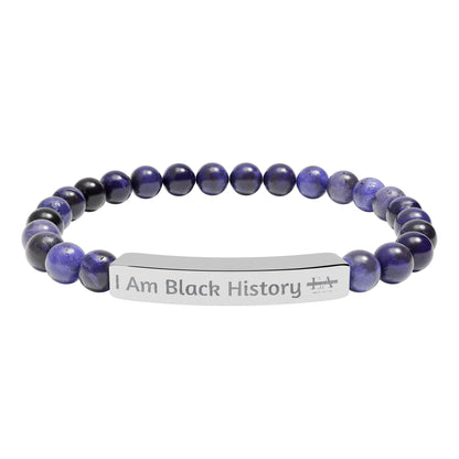 Natural Stone Stretch Bracelet — Engraved "I Am Black History" Bar