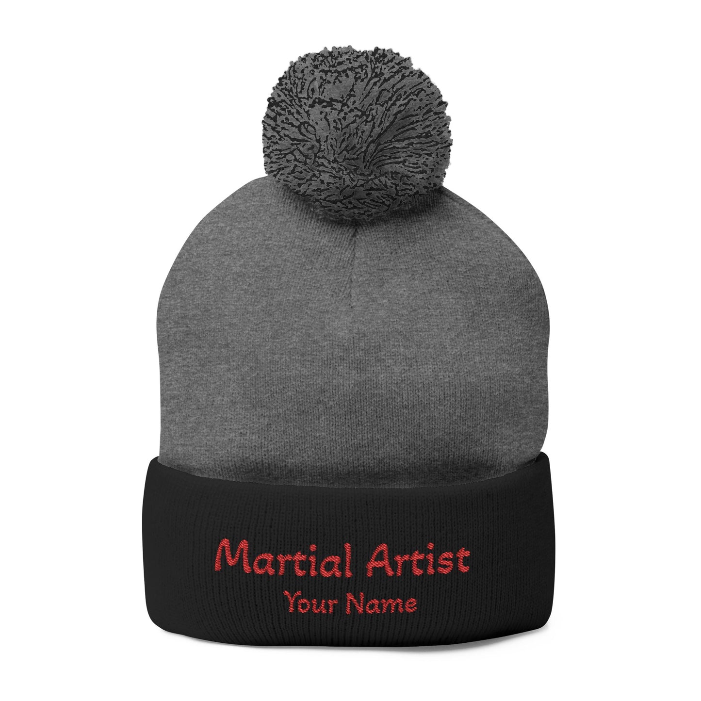 Embroidered 'Martial Artist' Pom-Pom Knit Cap — Custom Name Beanie