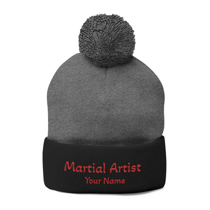 Embroidered 'Martial Artist' Pom-Pom Knit Cap — Custom Name Beanie