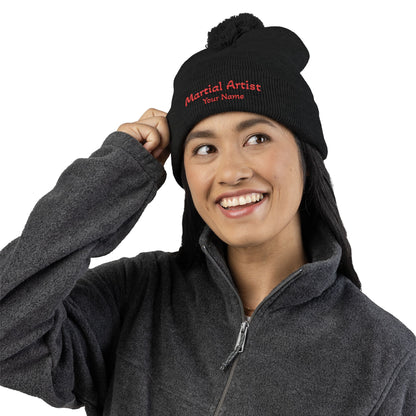 Embroidered 'Martial Artist' Pom-Pom Knit Cap — Custom Name Beanie