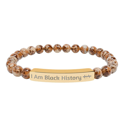 Natural Stone Stretch Bracelet — Engraved "I Am Black History" Bar