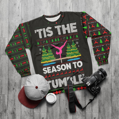 Season To Tumble Ugly Christmas Sweater Unisex Sweatshirt, Holiday Gift, Ugly Sweater Festive Apparel, Gymnastics Theme, Cozy Christmas Wear