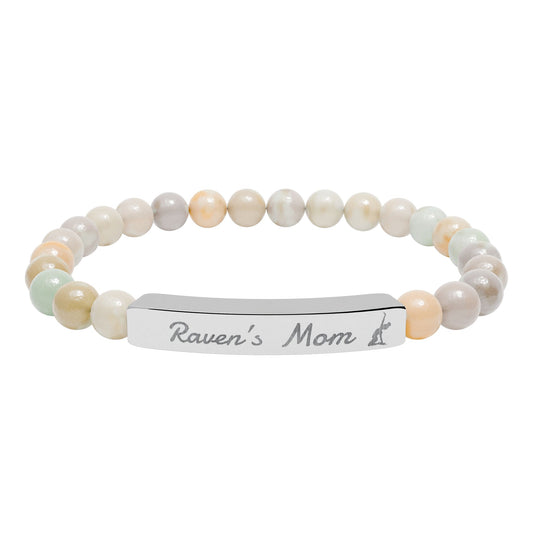 Personalized Gymnast Mom Engraved Natural Stone Stretch Bar Bracelet — Name Plate Beaded Bracelet