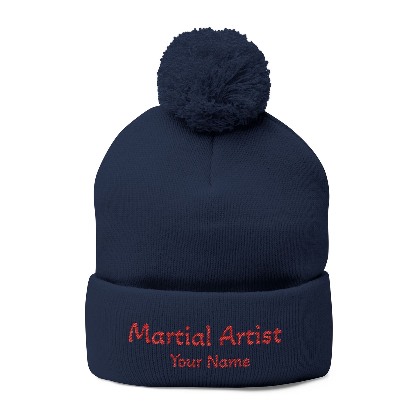Embroidered 'Martial Artist' Pom-Pom Knit Cap — Custom Name Beanie