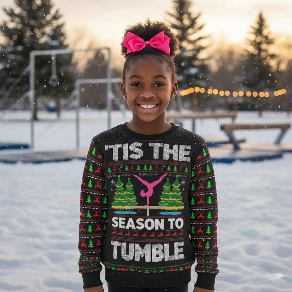 Season To Tumble Ugly Christmas Sweater Unisex Sweatshirt, Holiday Gift, Ugly Sweater Festive Apparel, Gymnastics Theme, Cozy Christmas Wear