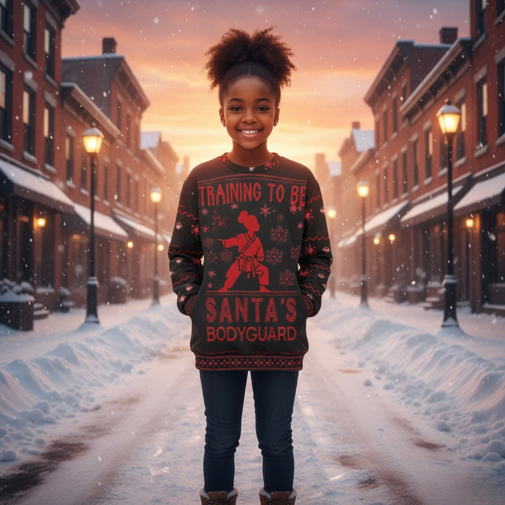 Santa’s Bodyguard Ugly Christmas Unisex Sweatshirt, Holiday Sweatshirt, Fitness Gift, Sweatshirt for Martial Arts Lovers, Cozy Winter Wear, Let's Get Kicking