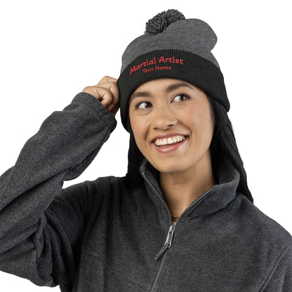 Embroidered 'Martial Artist' Pom-Pom Knit Cap — Custom Name Beanie