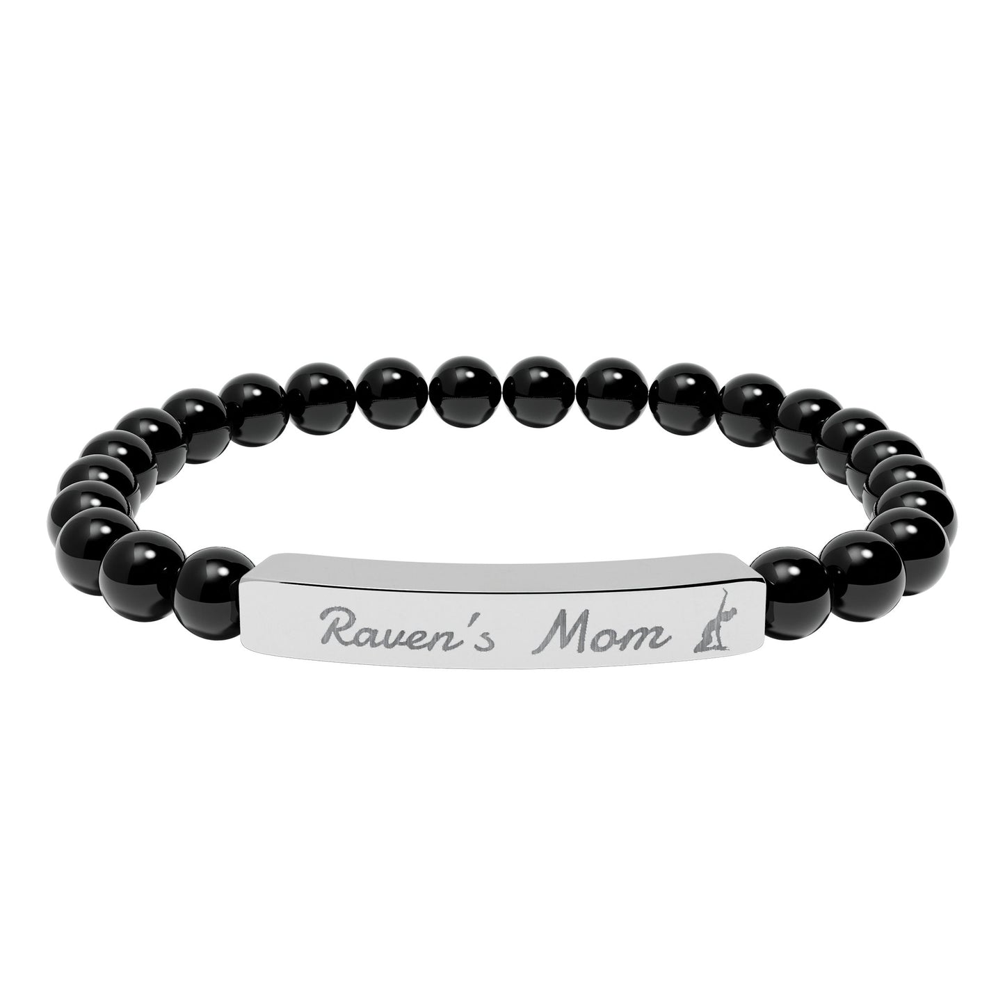 Personalized Gymnast Mom Engraved Natural Stone Stretch Bar Bracelet — Name Plate Beaded Bracelet