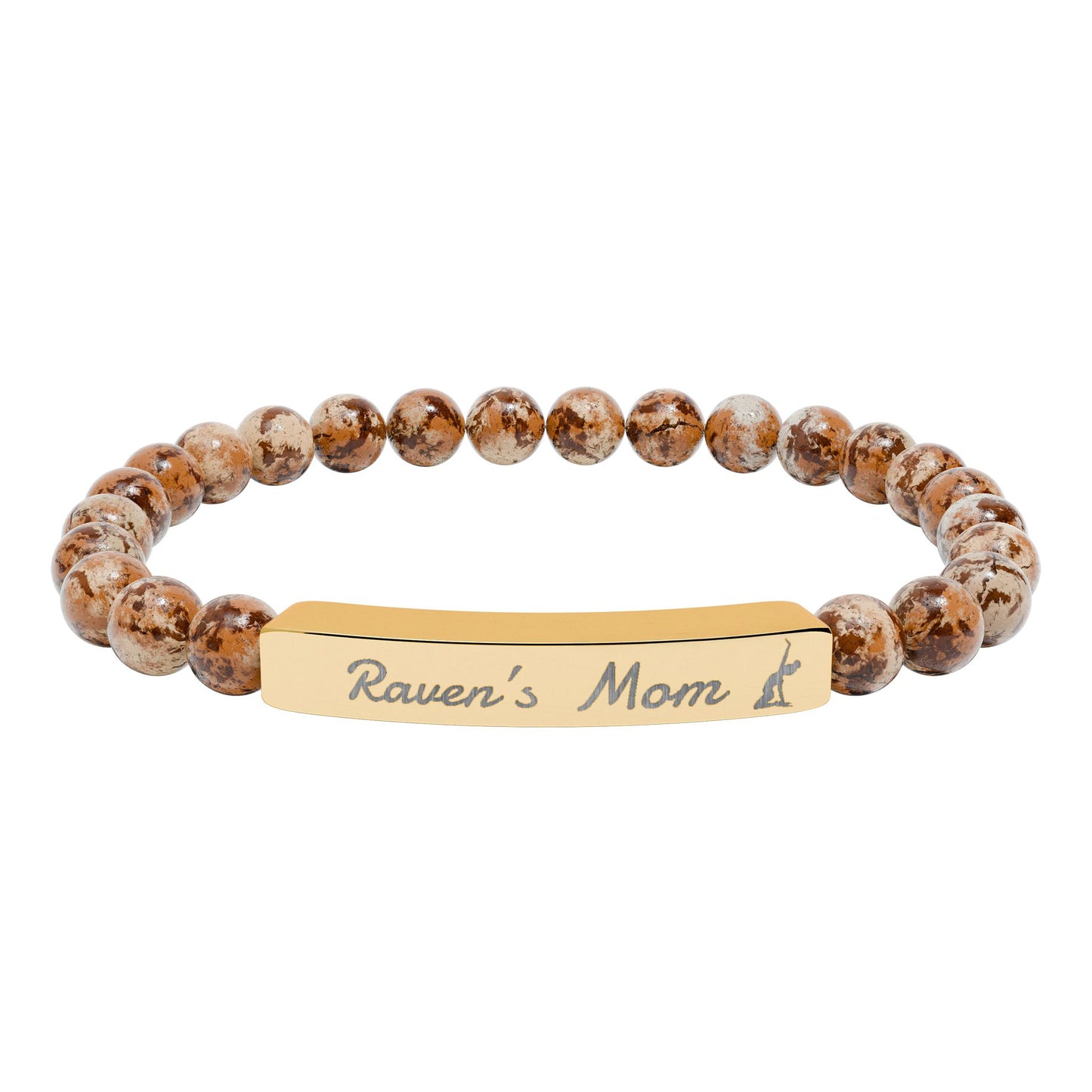 Personalized Gymnast Mom Engraved Natural Stone Stretch Bar Bracelet — Name Plate Beaded Bracelet