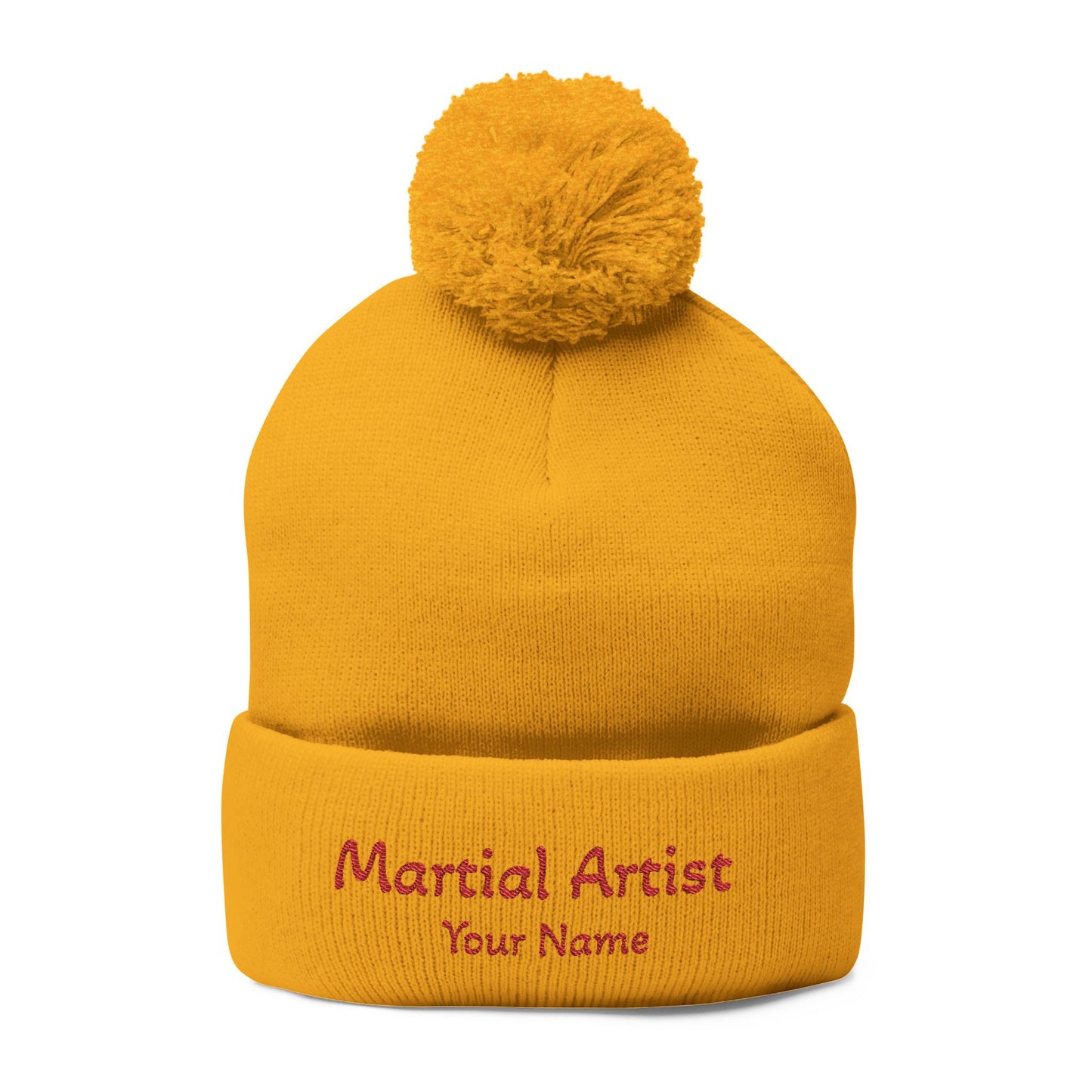 Embroidered 'Martial Artist' Pom-Pom Knit Cap — Custom Name Beanie