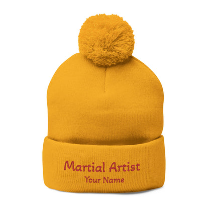 Embroidered 'Martial Artist' Pom-Pom Knit Cap — Custom Name Beanie