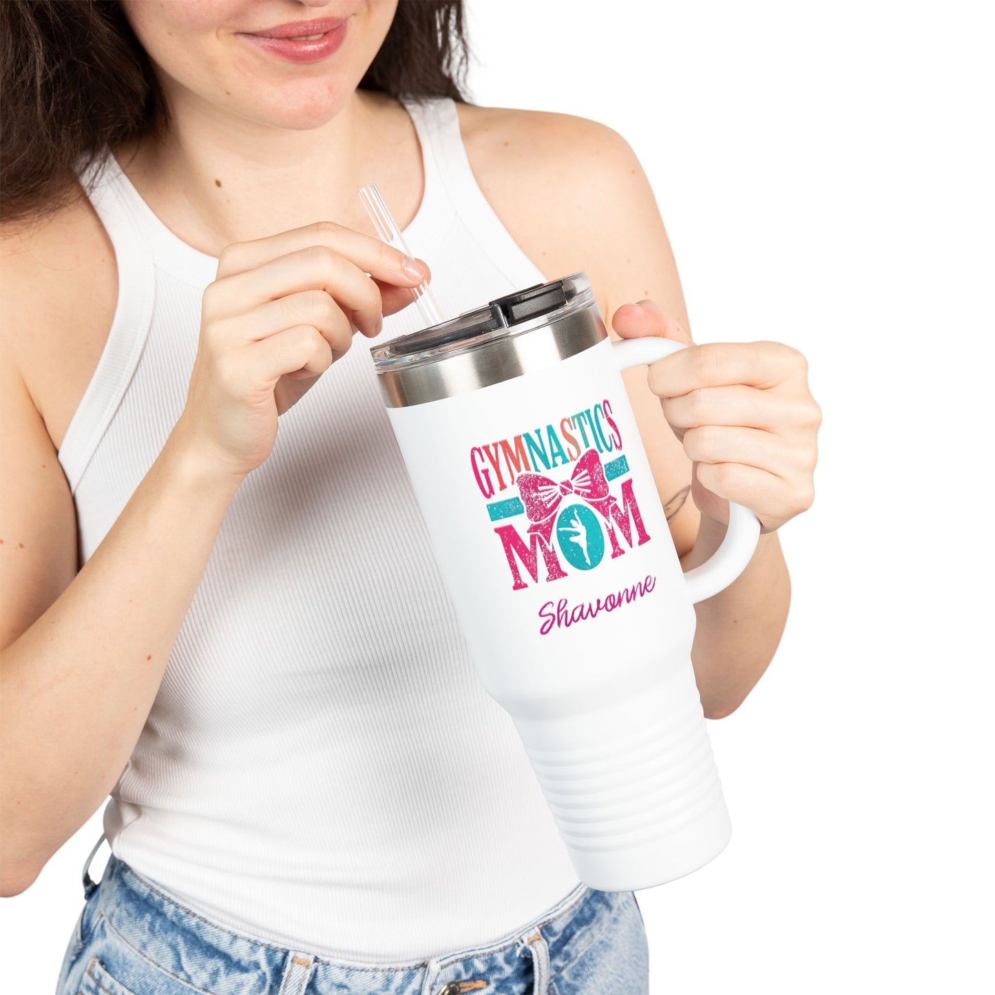 Gymnastics Mom 40oz Insulated Travel Mug — Personalized (Gymnast Name) Tumbler with Straw