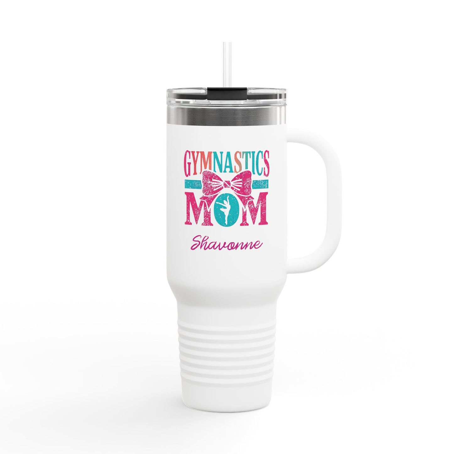 Gymnastics Mom 40oz Insulated Travel Mug — Personalized (Gymnast Name) Tumbler with Straw