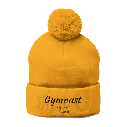 Gymnast Embroidered (Personalized) Pom-Pom Knit Beanie – Warm Cuffed Winter Hat for Gymnasts & Fans