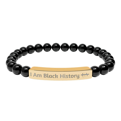 Natural Stone Stretch Bracelet — Engraved "I Am Black History" Bar