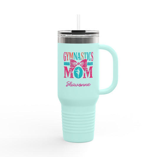 Gymnastics Mom 40oz Insulated Travel Mug — Personalized (Gymnast Name) Tumbler with Straw