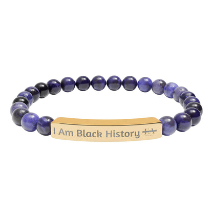Natural Stone Stretch Bracelet — Engraved "I Am Black History" Bar