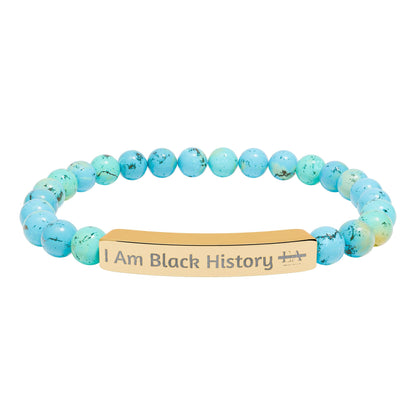 Natural Stone Stretch Bracelet — Engraved "I Am Black History" Bar