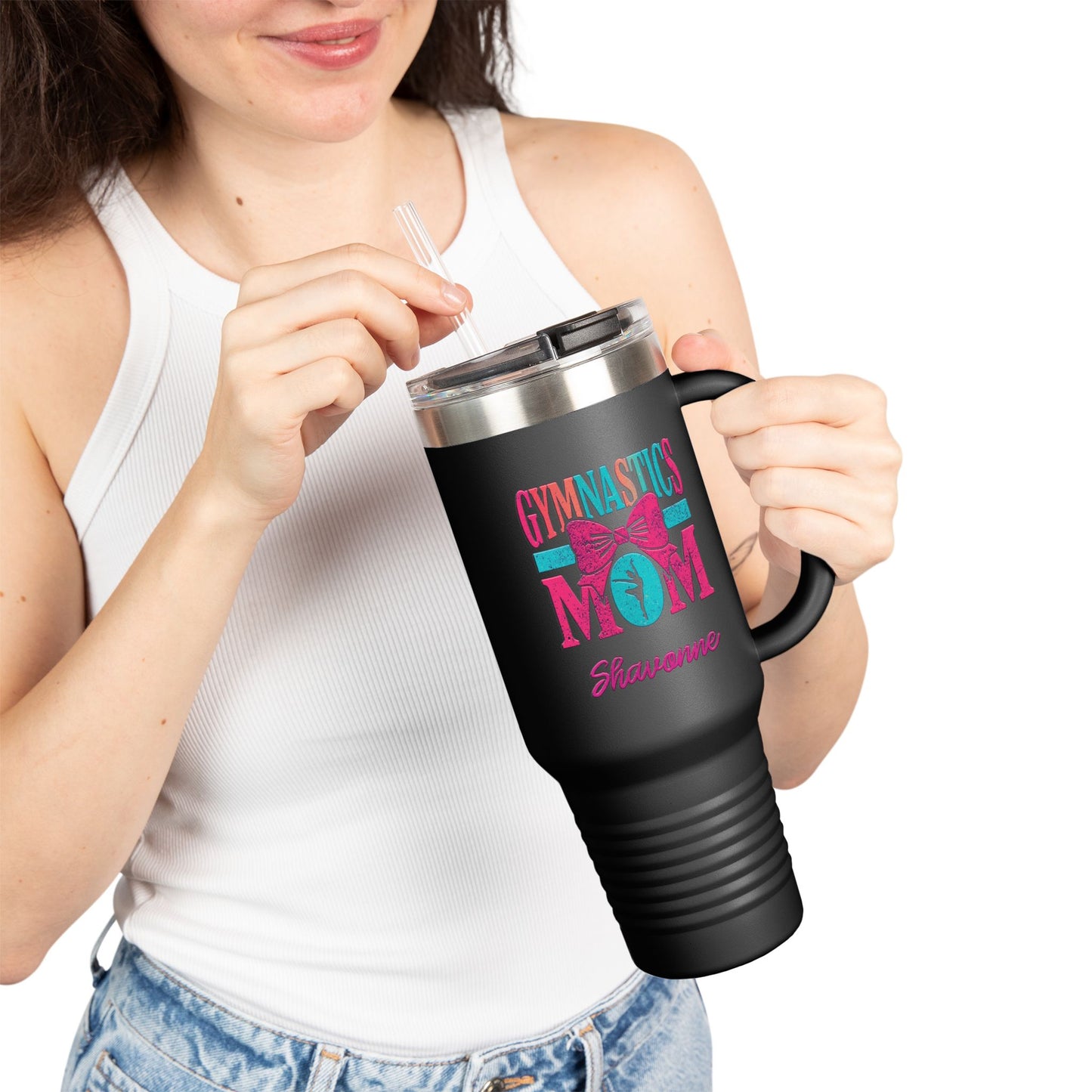 Gymnastics Mom 40oz Insulated Travel Mug — Personalized (Gymnast Name) Tumbler with Straw