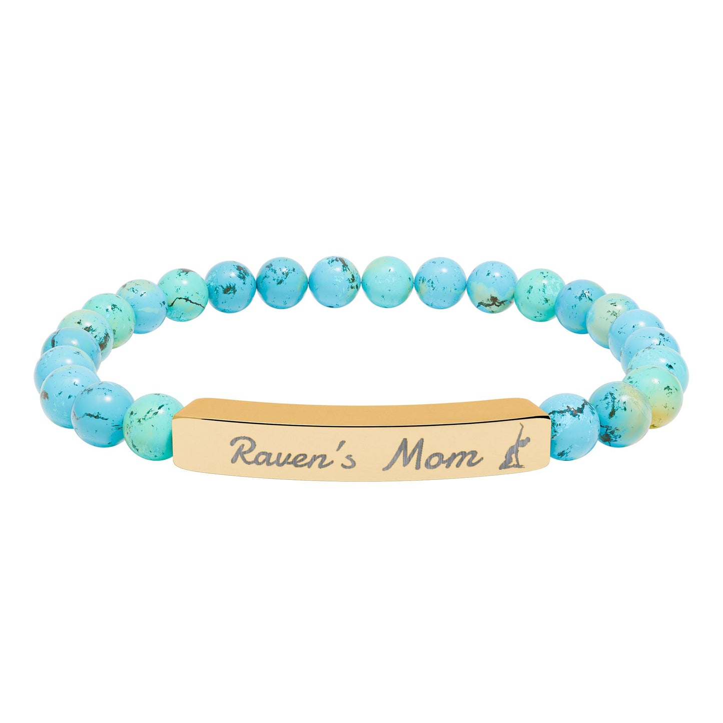 Personalized Gymnast Mom Engraved Natural Stone Stretch Bar Bracelet — Name Plate Beaded Bracelet