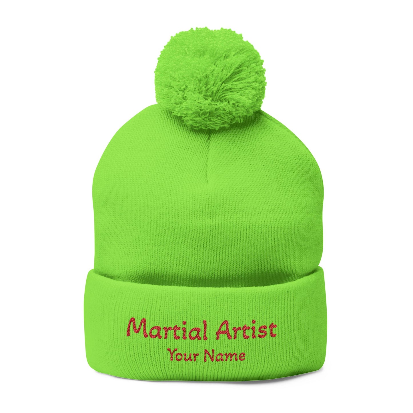 Embroidered 'Martial Artist' Pom-Pom Knit Cap — Custom Name Beanie