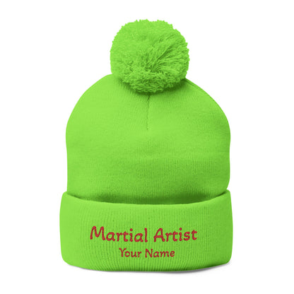 Embroidered 'Martial Artist' Pom-Pom Knit Cap — Custom Name Beanie