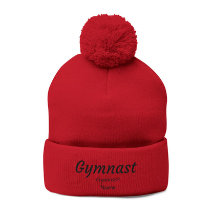 Gymnast Embroidered (Personalized) Pom-Pom Knit Beanie – Warm Cuffed Winter Hat for Gymnasts & Fans