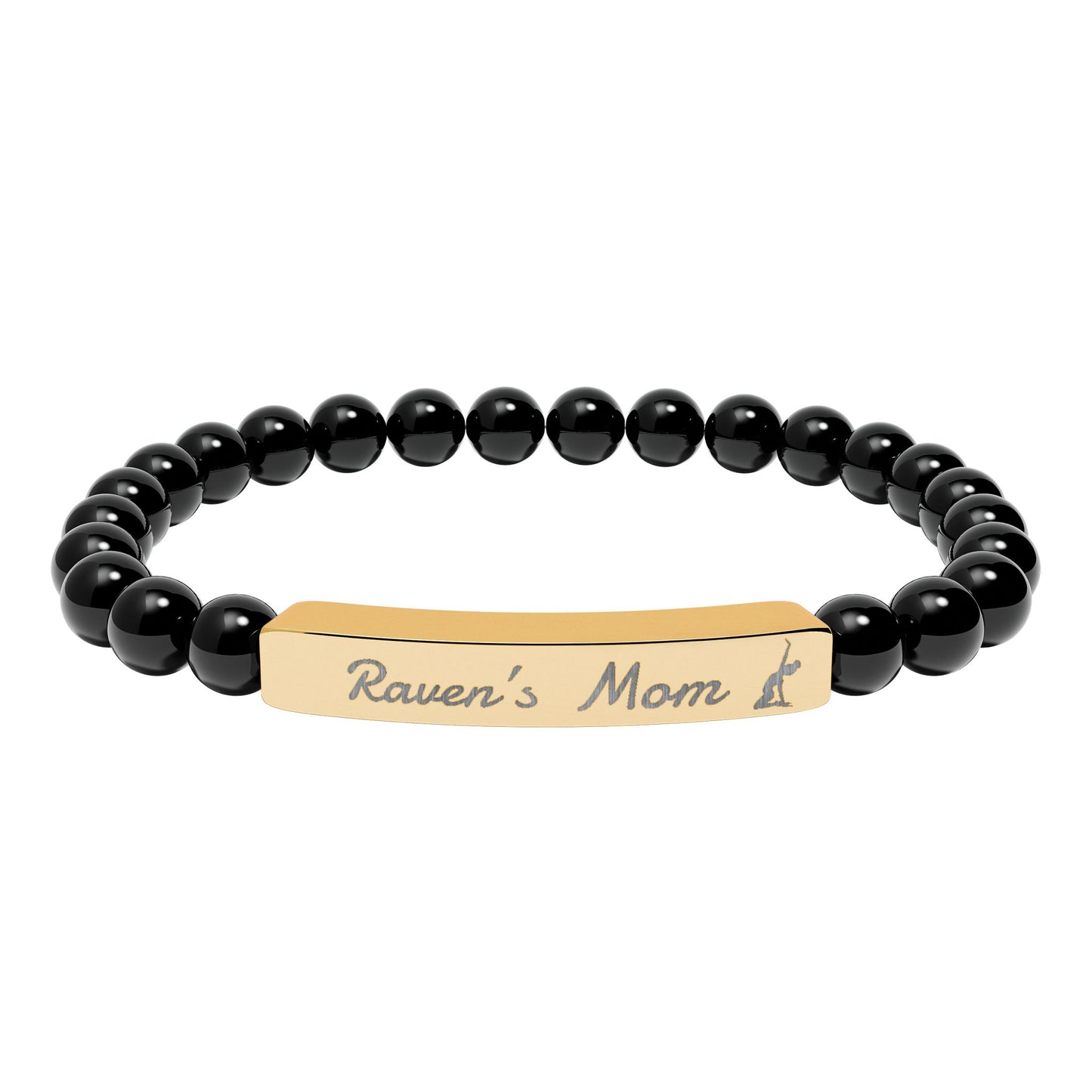 Personalized Gymnast Mom Engraved Natural Stone Stretch Bar Bracelet — Name Plate Beaded Bracelet