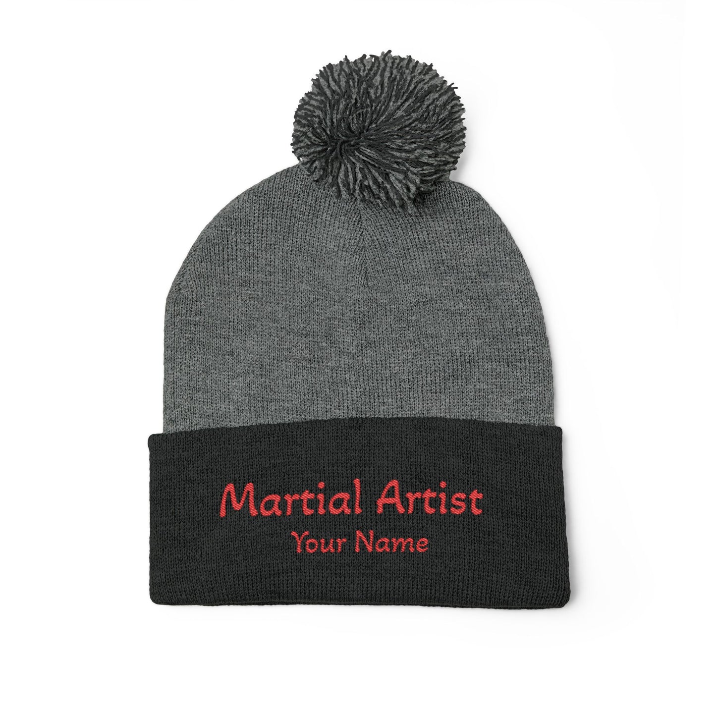 Embroidered 'Martial Artist' Pom-Pom Knit Cap — Custom Name Beanie
