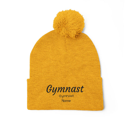 Gymnast Embroidered (Personalized) Pom-Pom Knit Beanie – Warm Cuffed Winter Hat for Gymnasts & Fans