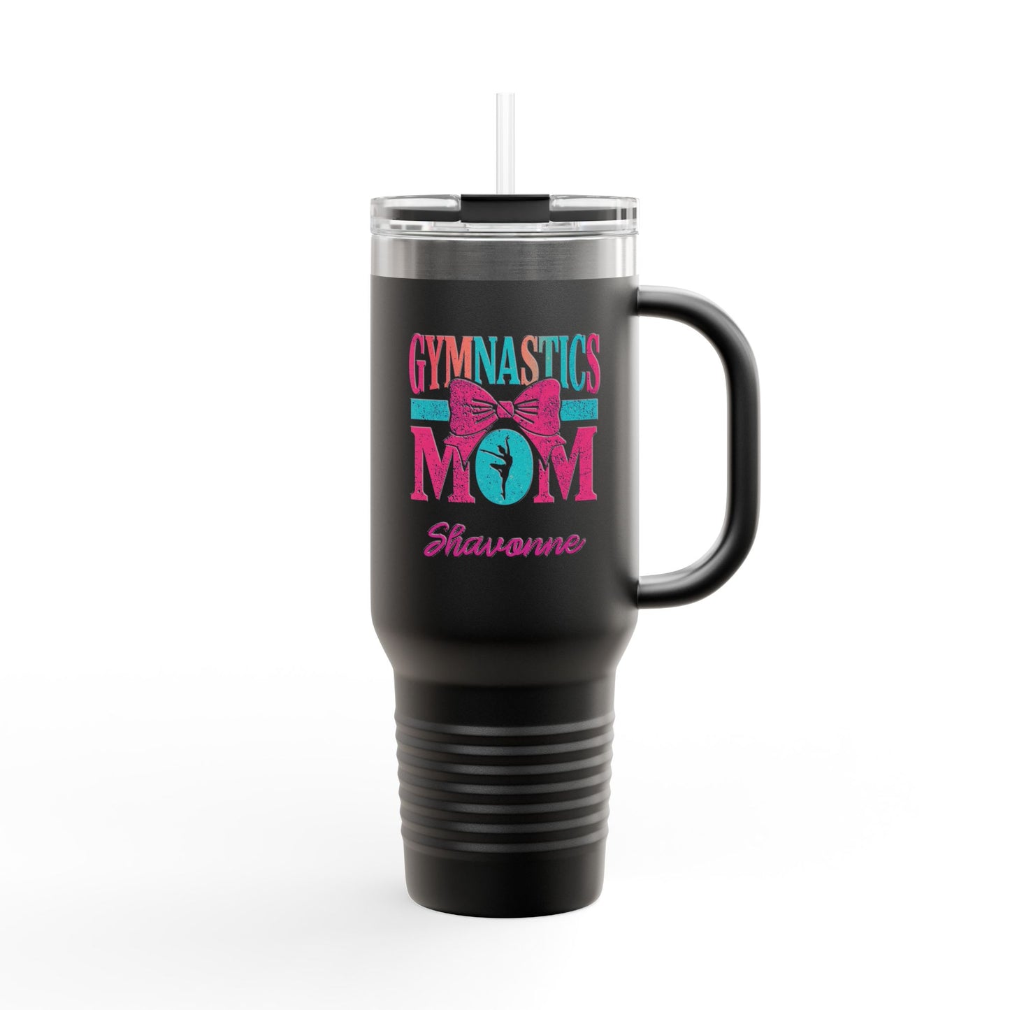 Gymnastics Mom 40oz Insulated Travel Mug — Personalized (Gymnast Name) Tumbler with Straw