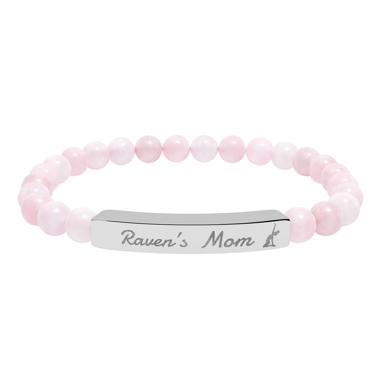 Personalized Gymnast Mom Engraved Natural Stone Stretch Bar Bracelet — Name Plate Beaded Bracelet