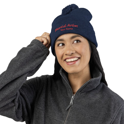 Embroidered 'Martial Artist' Pom-Pom Knit Cap — Custom Name Beanie